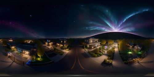 VR360 masterpiece, ultra-high definition, star-studded night sky, a sprinkle of constellations, shimmering auroras. Distant town silhouette, dimly lit, quaint rooftops. Stylistic blend of photorealistic sky, Pixar-style town. Stellar immersion, VR360 view.