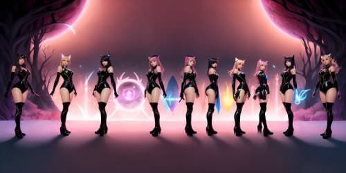 four women wearing pink leotards with thigh high boots. they are evil sorceresses'. they are african american women