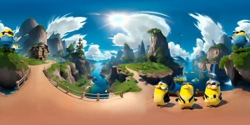 brown wild duck(kind of birds) on a lake and Minions ( character from despicable me) behind them
