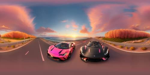 Cars on the seaside highway (orange and pink sky)