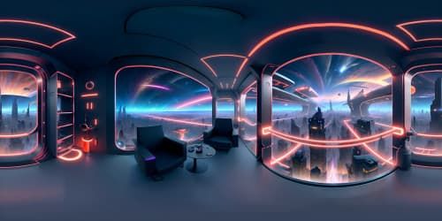 VR360, ultra high-res, dystopian splendor. Masterpiece-grade sci-fi metropolis, neon vibrancy, star-filled expanse. Towering metallic edifices, floating platform sequences. Minimalist, light-bending surfaces, immersive futuristic city. Ultra-detailed, spellbinding VR360 perspective.