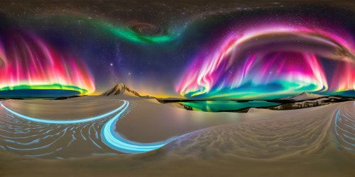 A flawless, ultra-high resolution masterpiece capturing the mesmerizing polar lights swirling with a distant star in the expansive northern sky, casting an ethereal glow over a pristine winter landscape, creating a breathtaking celestial display.