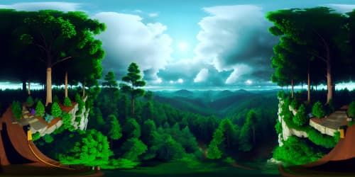 Masterpiece quality VR360, ultra high-res, elevated forest lookout platform. Tree canopy panorama under stormy, dark clouded sky. Rain-swept forest hillside, creating immersive VR360 forest view.