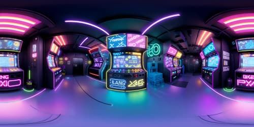 Neon-soaked VR360 cityscape, breakdance chalk outlines on asphalt, glowing graffiti murals. Gleaming disco balls overhead, reflected light streams, retro arcade machines lining sidewalks. Style: 80s nostalgia, bold colors, sharp contrasts, pixel art details. Overall, a lively VR360 scene in ultra-high-res masterpiece quality.