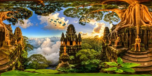 A vast, intricate ancient temple deep within a lush jungle, towering stone pillars draped in vibrant vines, golden sunlight filtering through dense canopies, glowing ancient hieroglyphs, intricate carvings, moss-covered statues adorning the sacred grounds, iridescent butterflies fluttering amidst a symphony of chirping exotic birds, a tranquil reflecting pool mirroring the temple's grandeur, an atmosphere of serene majesty palpable in every pixel - a digital art masterpiece, flawless, ultra-high resolution.