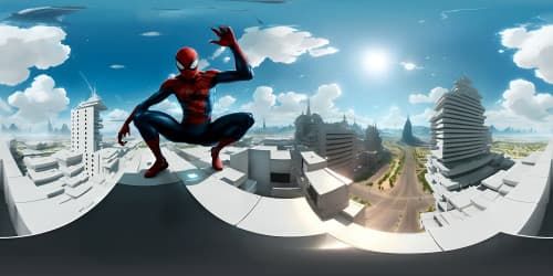 Ultra high-res VR360, black-white Spiderman suit texture detailed. Masterpiece level, prominent web pattern, sleek, reflective surfaces. Unusual, intricate detailing in VR360 view.