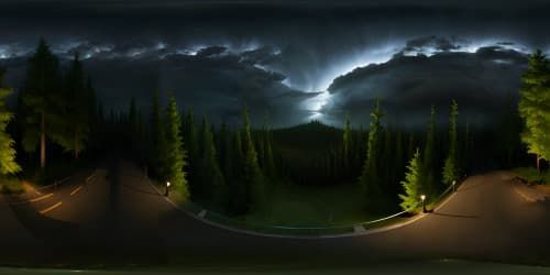 Masterpiece quality VR360, ultra high-res. Tree canopy panorama under stormy, dark rainy sky at night. Rain-swept forest hillside, creating immersive VR360 sky view.