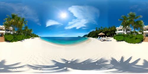 VR360 ultra-high resolution, hillside panorama, tropical beach paradise. Unobstructed VR360 view, clear blue sea, sun kissing the horizon, sky adorned with pastel hues. Style: Masterpiece, best quality
