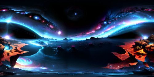 Masterpiece-quality VR360 scene, ultra-high resolution. Dominant black expanse, enormous celestial bodies. Spangled star clusters, grandiose nebulae, colossal galaxies. Pixaresque style, enhanced contrast, severe precision, pristine edge control. Deceptively simplistic, exaggerated dimensions, evocative visuals, VR360 depth perception.