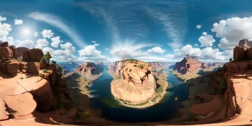 Masterpiece quality, ultra high-res VR360. Grand Canyon expansiveness, rich red-ocher strata, towering cliffs, jagged skyline. Balancing intense detail, grandeur. VR360, immersive, deep chasms, surreal shadows. Style: hyperrealism.