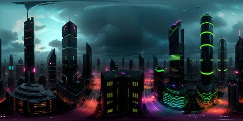 VR360 masterpiece, ultra high-res quality, VR360 neon city skyline, technologically advanced megalopolis, digital skyscrapers, holographic billboards, floating monorails, AI-driven drone traffic, radiant energy highways, cyberpunk aesthetic, techno-future ambience.