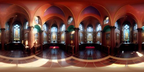 Ultra HD, supreme quality, masterpiece VR360, Gothic architecture, rose window, stained glass displaying Mary and Rosary, towering spires in 360 panorama, ethereal Pixar-style church. VR360 of intricate stone carvings, lush use of gold detailing, immaculate perception.