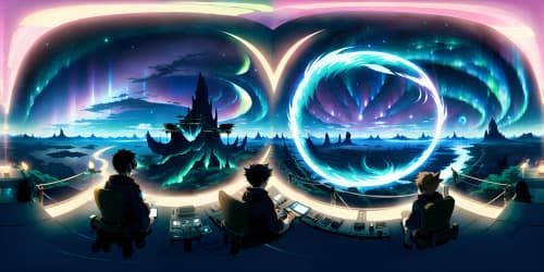 VR360 masterpiece, ultra-high-resolution, Sword Art Online essence, immense fantasy panorama, boundless skies adorned with digital pattern spectacles, luminescent islands levitating, towering crystalline structures of colossal scale, mesmerizing auroras, ethereal VR360 spectacle.