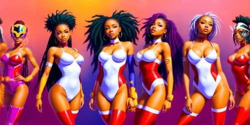 four african american women_wearing white and red leotards and thigh high boots_one woman has purple dreadlocks_