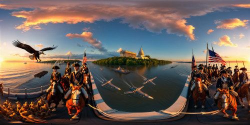 Iconic scene of George Washington leading troops across the Potomac River at sunset, with a majestic eagle locked in battle with a futuristic spaceship against a vibrant, dramatic sky.