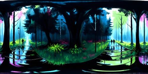 2 boys with black cat in dark rainy forest
