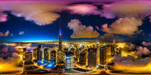 Glittering city skyline at night, skyscrapers adorned with shimmering lights, neon reflections dancing on pristine skyscraper facades, a flawless ultra-high-resolution urban masterpiece.