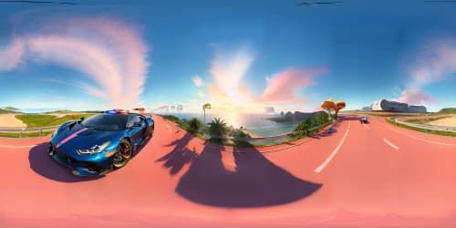 normal Cars and police cars motorcycles on the seaside highway (orange and pink sky)
