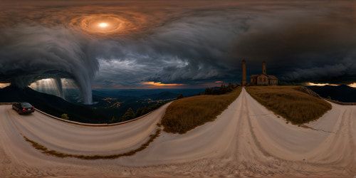 Immersive VR360 experience showcasing a haunting Silent Hill-inspired world with mist-shrouded vistas, decaying edifices, a foreboding sky veiled by menacing storm clouds, and an eerie moon casting a chilling glow, all rendered in impeccable photo-realistic detail.