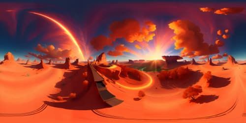 Masterpiece VR360 scene, ultra high-res clarity, blazing sun, crimson streaks across the sky, gold-tinted clouds, intense heat shimmer. Style: Modern oil painting, exquisite texture, vivid contrasts.