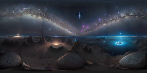 Masterpiece-quality VR360 starfield, ultra high resolution, infinite cosmic expanse. Remote asteroids, specks in the distance. VR360 style fusion of realism and digital painting, stars sparkle, asteroids meticulously detailed.