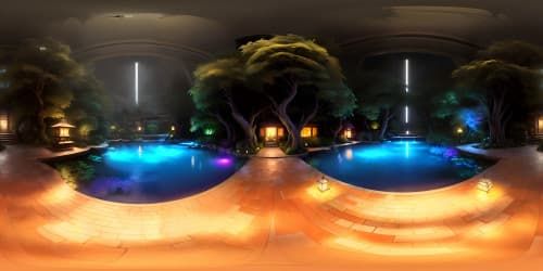 Masterpiece-level Japanese forest garden VR360, ethereal cherry blossoms, ancient maples, mystical koi pond shimmering, ultra high-res fantasy art. Floating lanterns' light