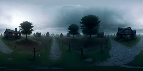 Ultra high-resolution VR360, masterpiece of Silent Hill inspired ambiance, misty landscapes, thick fog, decaying structures, ominous sky overrun by dark clouds. Style: photo-realistic with a touch of horror, eerie glow from the moon. 