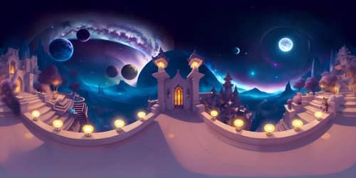Masterpiece quality, ultra-high resolution, stylized felines. Fantasy-inspired VR360 scene, cat-shaped constellations, ethereal glow, mystic celestial patterns. Intricate feline silhouettes, luminous star-clusters, deep, cosmic blues, purples. Artistic aesthetic in VR360.