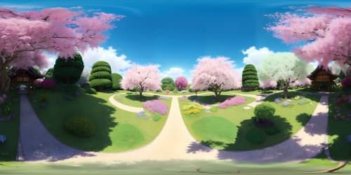 Ultra-HD, floral tapestry in VR360, kaleidoscope of blossoms in a Japanese botanical garden. Minimalist, elevated perspective, emphasis on sprawling flora panorama. Quintessential realism with a dash of whimsy, intensified color palette for VR360 immersion. Opulent, masterful, skyview rendering, maximum quality.
