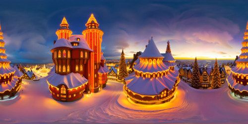 A flawless, grand wizard's tower standing amidst a bustling North Pole Christmas village, enchanting snow-covered rooftops, colorful festive lights, swirling snowflakes, intricate ice sculptures, shining in ultra HD detail, a winter masterpiece.