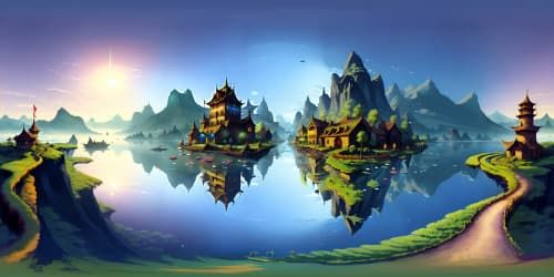 VR360 Chinese ink art, masterpiece, ultra-high res, a solitary boat drifting in a tranquil river under misty clouds, traditional, classical night-time scene. VR360 awe-inspiring sky, cold, serene, ink-washed clouds dominating the view.