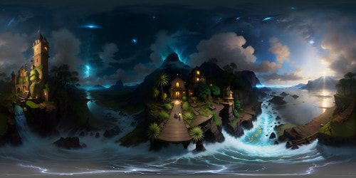Blue fire magic, sapphire flames dancing on seaside woods, moonlit shimmer on water's surface. VR360 obsidian skies, star-speckled canvas. Intense contrast, ultra-high resolution, VR360. Masterpiece-quality, Pixar-style treatment, dramatic lighting, vivid, ethereal enchantment.