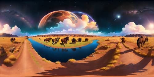 old west town plains wild horses and american bison herd in the distance with sunset skyview