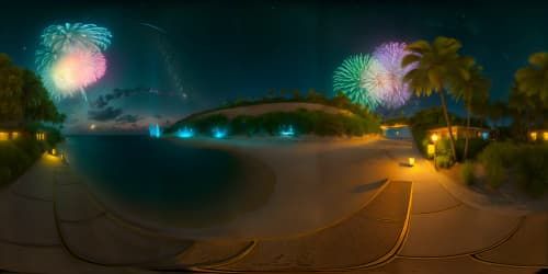SUMMER NIGHT BEACH STARS MOON FIREWORKS WAVES PALM TREES
