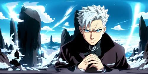 a close-up shot of Gojo Satoru in Jujutsu Kaisen. big crystal blue eyes and silver hair