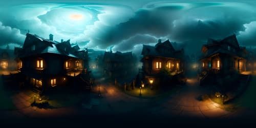 Ultra high-resolution VR360, masterpiece of Silent Hill inspired ambiance, misty landscapes, thick fog, decaying structures, ominous night sky overrun by dark clouds. Style: photo-realistic with a touch of horror, eerie glow from the moon. 