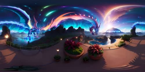 "Majestic dragon, scaled iridescence, colossal wings, cosmic backdrop, VR360 fantasy style. Exceptional ultra-high resolution, VR360 masterpiece quality. Fantasy art-style dragon, grandeur, luminescent scales reflecting cosmic light."