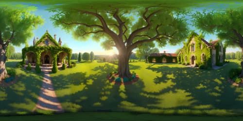 Ultra-high-res VR360 visuals, masterful digital painting style. Chapelle-Palluau, grand chateau, sprawling vineyards. Pastoral elegance. Stately, ancient oak trees. Dawn, warm sunlight. Subtle shadows, vibrant greens, serene blues. Golden hues, intricate stone details, ethereal artistry.
