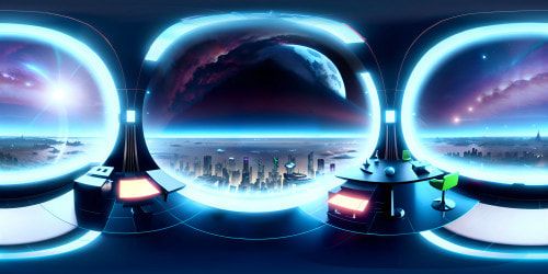 Futuristic Titanic 2025 style, ultra high-res VR360 visuals. Sleek, neon-lit, floating cityscape, VR360 horizon embellished with radiant constellations, silhouettes of streamlined airships. Digital painting style, meticulous detailing, vibrant colors.