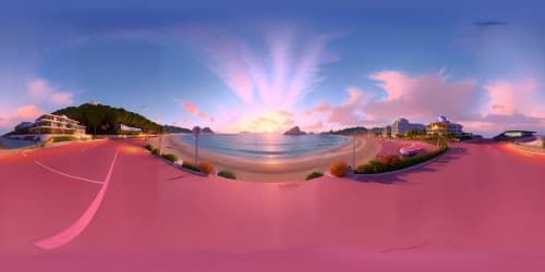 fancy cars on the road of Miami (seaside highway) sunset scene(orange pink sky)