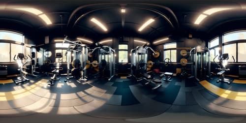 Top-quality VR360 view, gym equipment, sweat glistening on barbells, grunge-style. Ultra HD details, abstract silhouettes symbolizing muscular forms in motion. Masterful strokes, intense atmosphere, Mikhail Vrubel style.
