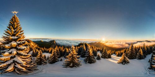 A flawless, perfect VR360 depiction showcases the grandeur of the festive season, a stunning Christmas tree commanding attention in a vast, snow-covered landscape, every pine needle delicately coated in glistening snow, the natural colors vibrant and rich, presented in ultra-resolution, akin to a enchanting Pixar masterpiece.