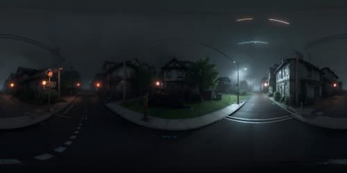 Ultra high-resolution VR360, masterpiece of Silent Hill inspired ambiance, misty landscapes, thick fog, decaying structures, ominous night sky overrun by dark clouds. Style: photo-realistic with a touch of horror, eerie glow from the moon. 
