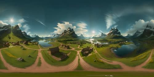 Ultra HD quality, Skyrim-inspired VR360 masterpiece, breathtaking mountains, mystical auroras, ancient Nordic runes, serene lakes. Emulate Elder Scrolls' style, blend epic grandeur, detailed texture work.