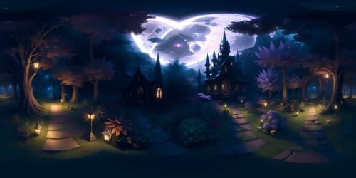 Radiant fairies in shadowy woodland, VR360 obscurity pierced by magical luminescence, fantasy art style. Masterpiece, ultra-high resolution, unparalleled VR360 quality.