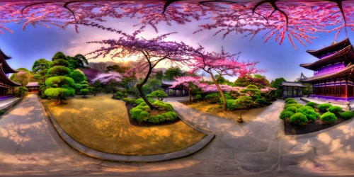 Intricate ultra-high-resolution depiction of a tranquil Asian garden, bathed in a mystical hue of purple and blue, vibrant cherry blossoms in full bloom, a grand temple's outline etched against the velvety sky at daytime, exuding absolute serenity and beauty in every meticulous detail—a true flawless masterpiece in unparalleled quality.