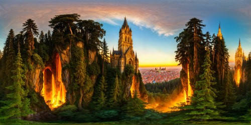 At the heart of a mystical, sprawling Grisha universe, ancient haunted forests bloom in brilliant hues, towering spires and shadowed alleys cascade through an intricately detailed cityscape under a golden, spectral glow.