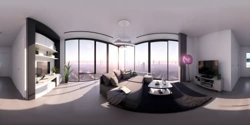 Ultra high-res VR360, modern minimalist apartment, sleek chrome fixtures, floor-to-ceiling windows, city skyline view. Pastel colors, minimalist furniture, open-concept layout. Spacious VR360, city lights twinkling, digital painting style.