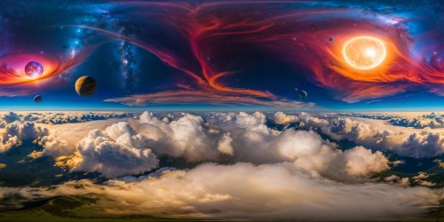 A celestial panorama of colossal, flawlessly detailed spheres floating in a vast cosmic expanse, radiating vibrant ethereal hues under an alien sky, in breathtaking 8K resolution, an artistic marvel.