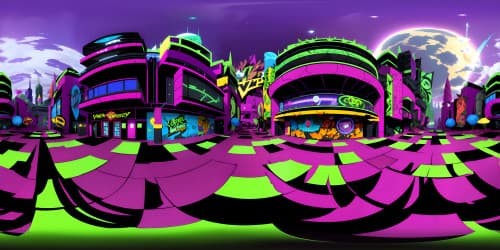 VR360 view, Joker's secret lair, metallic green, purple accents, Harley Quinn's trademark graffiti, neon chaos, masterwork quality, ultra-high resolution, VR360 gaze upon vast comic-book villain's world, dark, splashy, gritty.